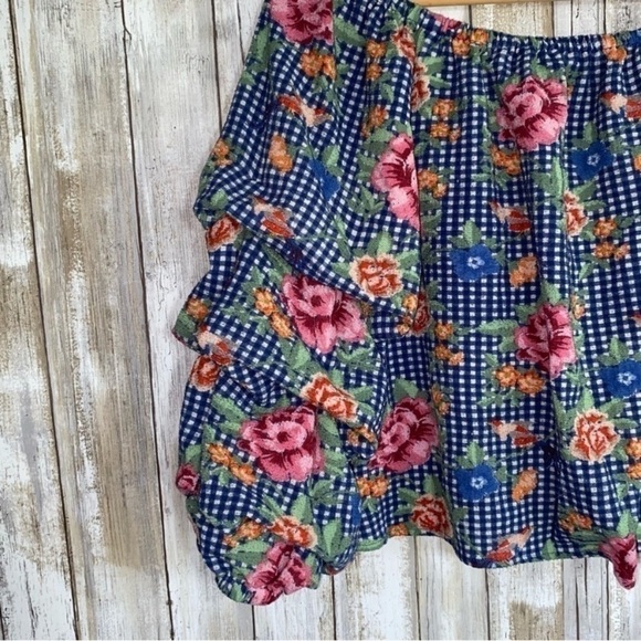 Jodifl Blue Gingham Off The Shoulder Crop Floral Blouse - Picture 3 of 5